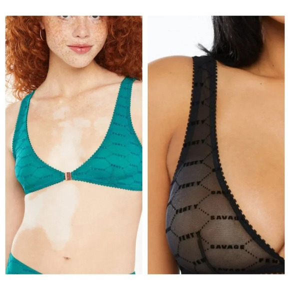 Fenty Shimmer  Flocked Logo Bralette Set of 2 Black and Teal M - Picture 1 of 6